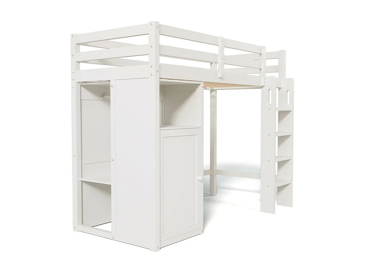 Hoogslaper 90x200 cm in grenenhout - met kledingkast en planken - Wit