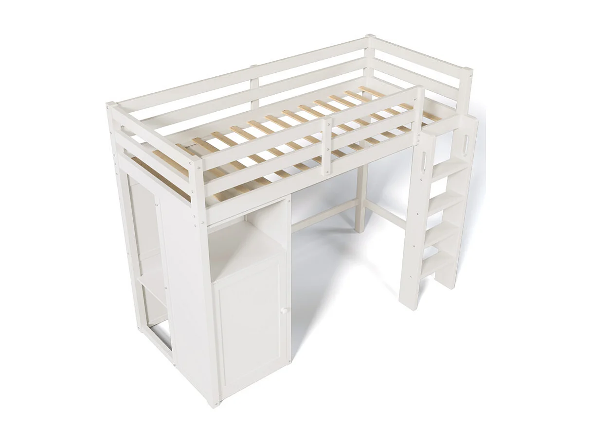 Hoogslaper 90x200 cm in grenenhout - met kledingkast en planken - Wit