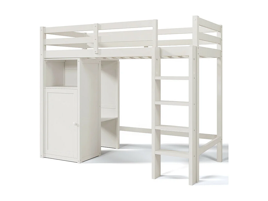 Hoogslaper 90x200 cm in grenenhout - met kledingkast en planken - Wit