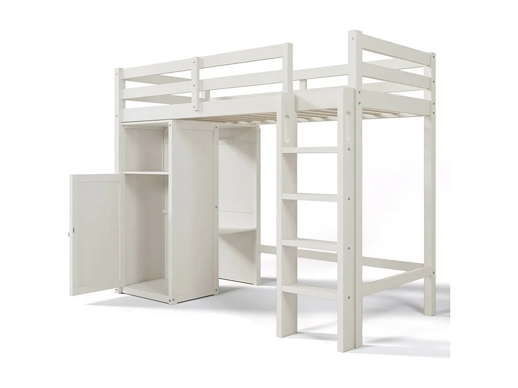 Hoogslaper 90x200 cm in grenenhout - met kledingkast en planken - Wit