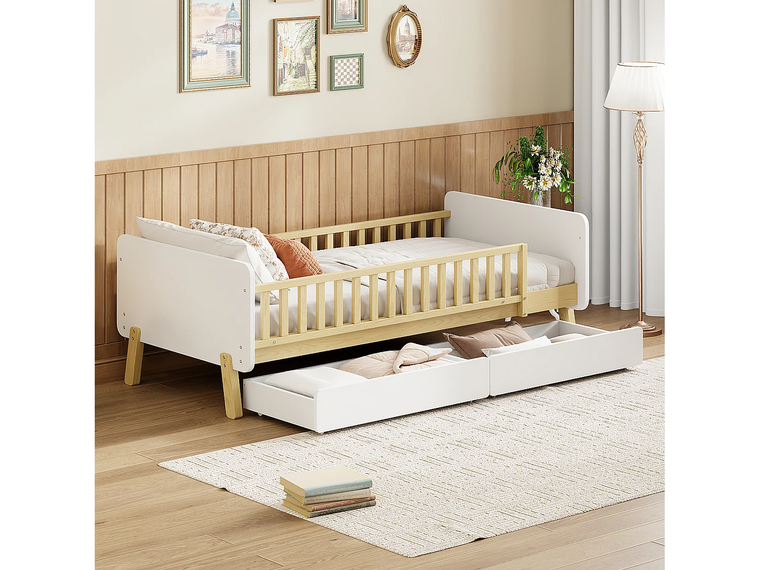 Lit avec tête de lit 90 x 190 cm avec 2 tiroirs - Bois massif - Sommier à lattes - Coloris blanc + chêne