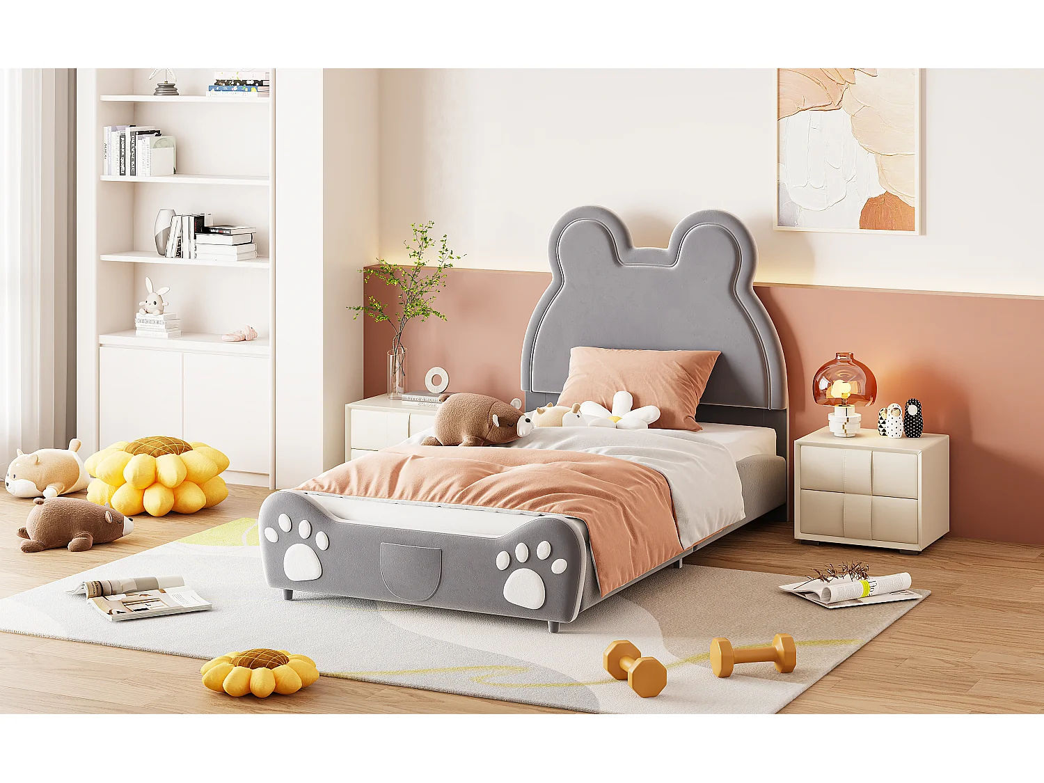 Cama estofada com cabeceira 90 x 200 cm - Formato de urso - Veludo - Cinza