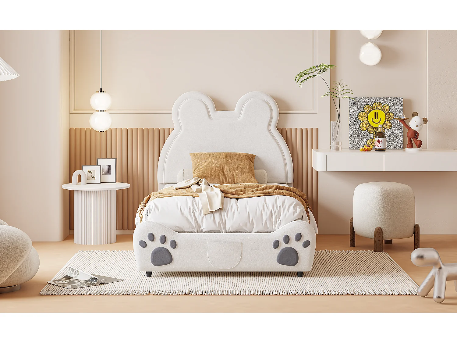 Polsterbett mit Kopfteil 90 x 200 cm – Bärenform – Samt – Weiß