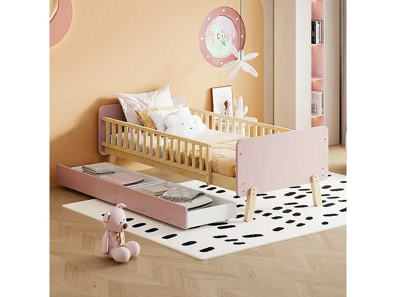 Cama com cabeceira 90 x 190 cm com 2 gavetas - Madeira maciça - Base de ripas - Rosa + cor carvalho