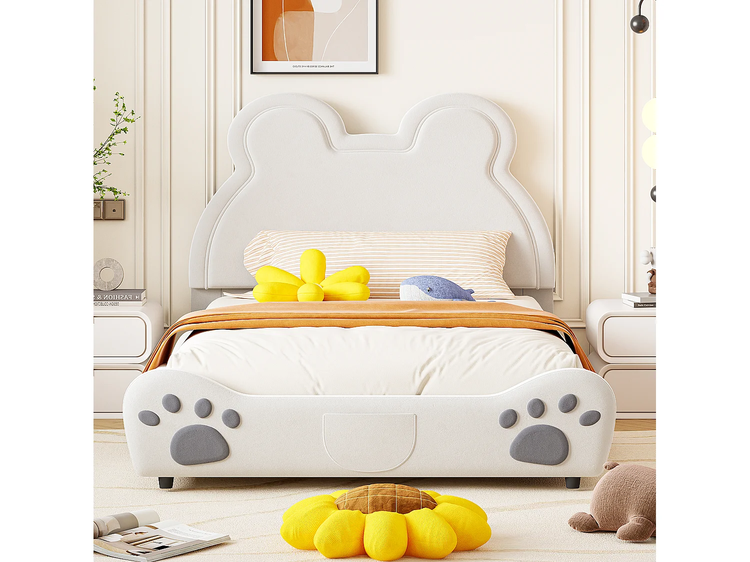 Gestoffeerd bed met hoofdbord 140 x 200 cm - Beervorm - Fluweel - Wit