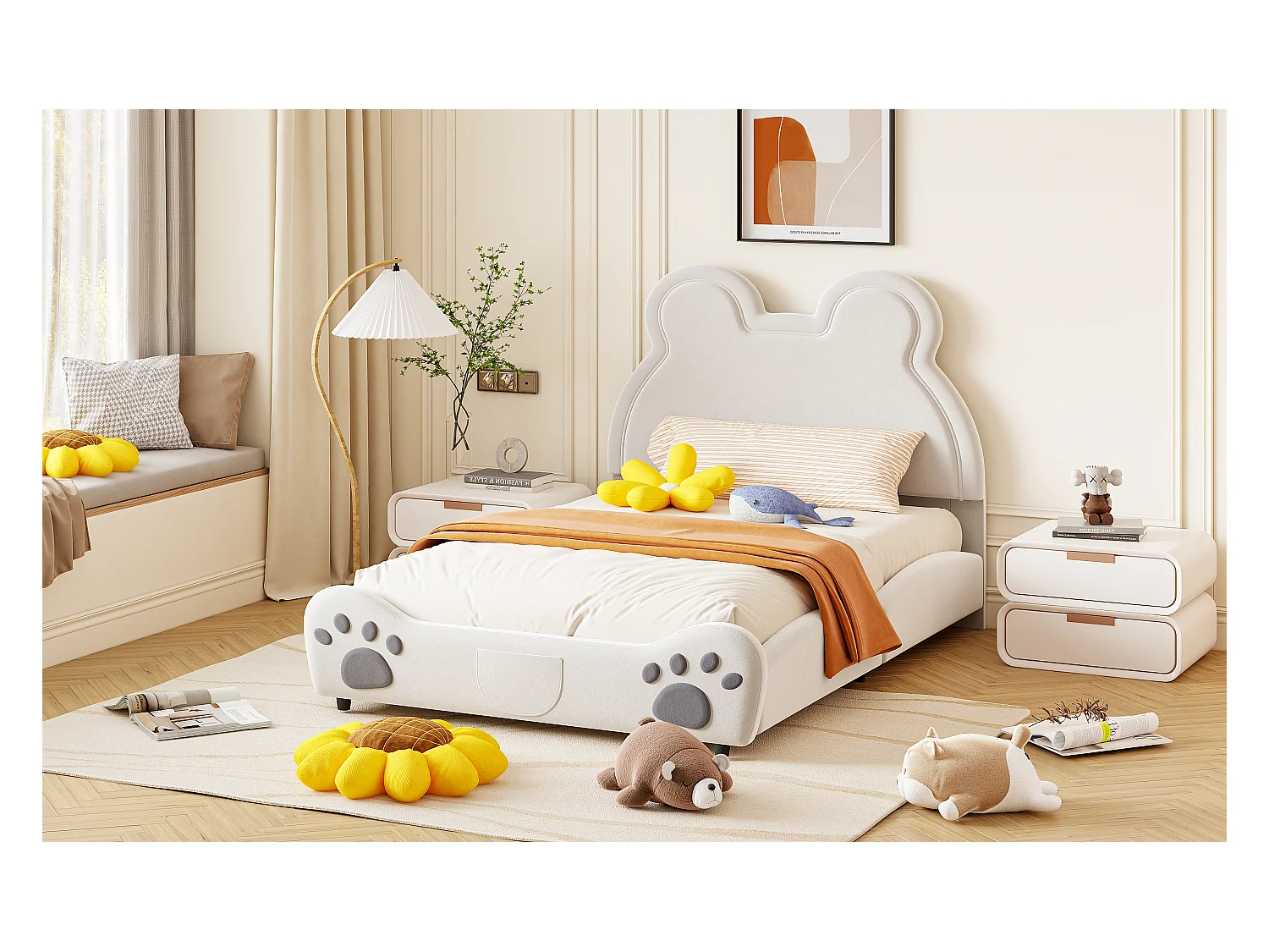 Gestoffeerd bed met hoofdbord 140 x 200 cm - Beervorm - Fluweel - Wit