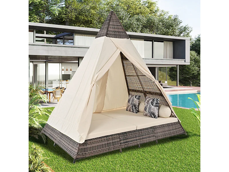 Canteiro de jardim de dossel 2 a 4 lugares - Rattan cinza e cortina de porta bege - Almofadas incluídas - para exterior