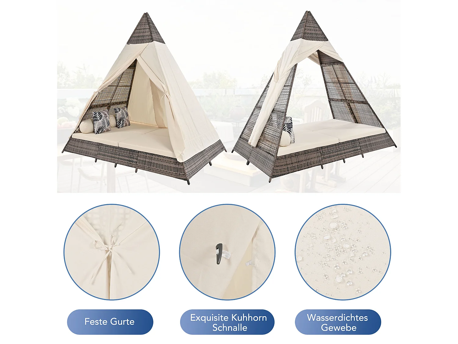 Canteiro de jardim de dossel 2 a 4 lugares - Rattan cinza e cortina de porta bege - Almofadas incluídas - para exterior