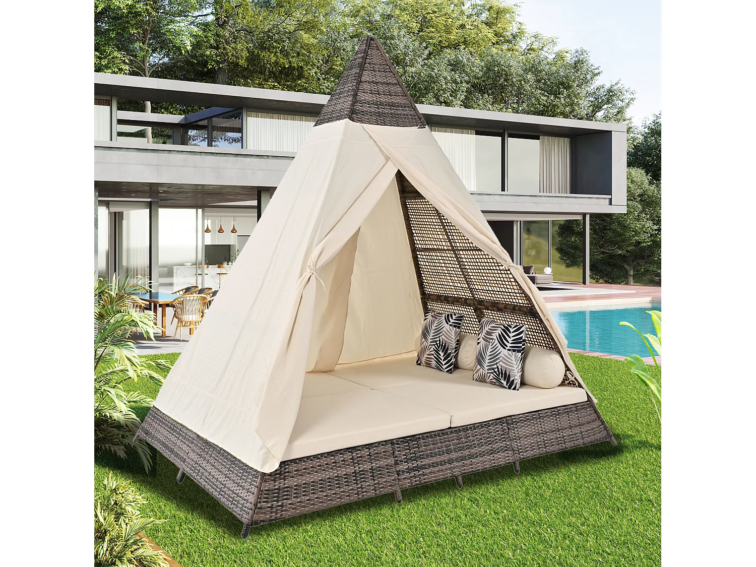 Letto da giardino a baldacchino da 2 a 4 posti - Rattan grigio e tenda beige - Cuscini inclusi - Per esterni