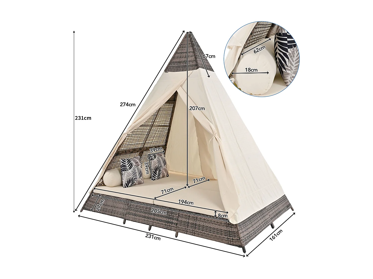 Letto da giardino a baldacchino da 2 a 4 posti - Rattan grigio e tenda beige - Cuscini inclusi - Per esterni
