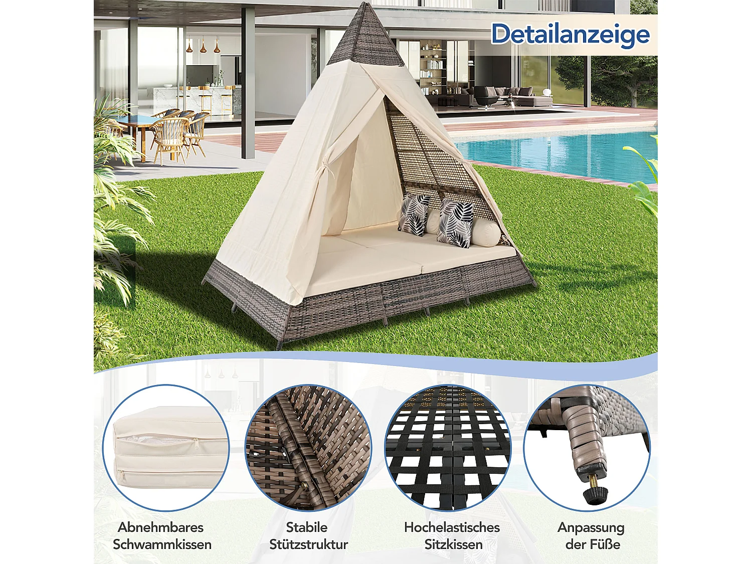 Letto da giardino a baldacchino da 2 a 4 posti - Rattan grigio e tenda beige - Cuscini inclusi - Per esterni