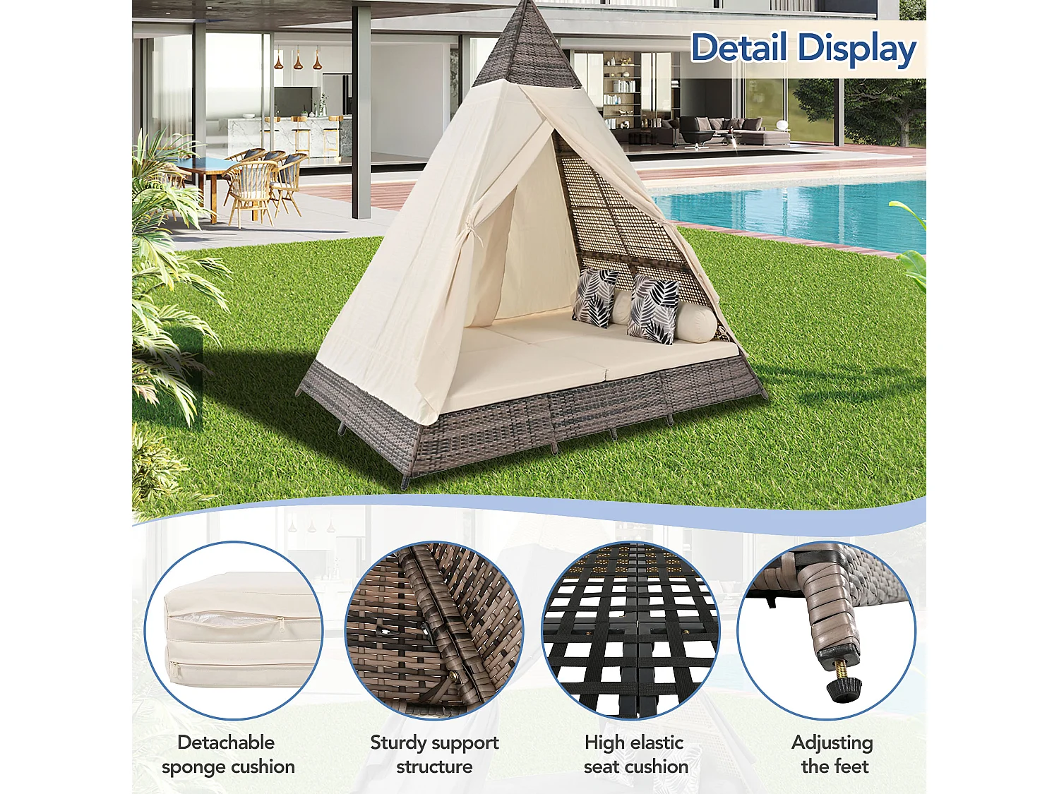 Letto da giardino a baldacchino da 2 a 4 posti - Rattan grigio e tenda beige - Cuscini inclusi - Per esterni