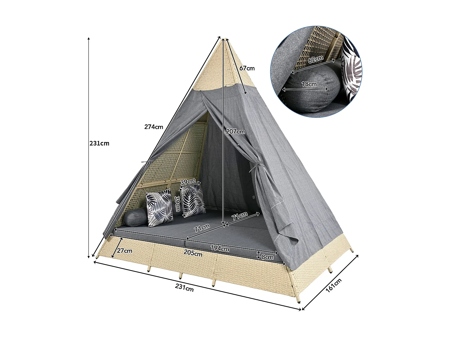 Lit de jardin à baldaquin 2 à 4 places - Rotin beige et rideau de porte gris - Coussins inclus - pour extérieur