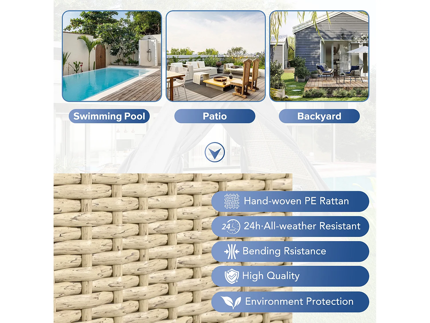 Lit de jardin à baldaquin 2 à 4 places - Rotin beige et rideau de porte gris - Coussins inclus - pour extérieur