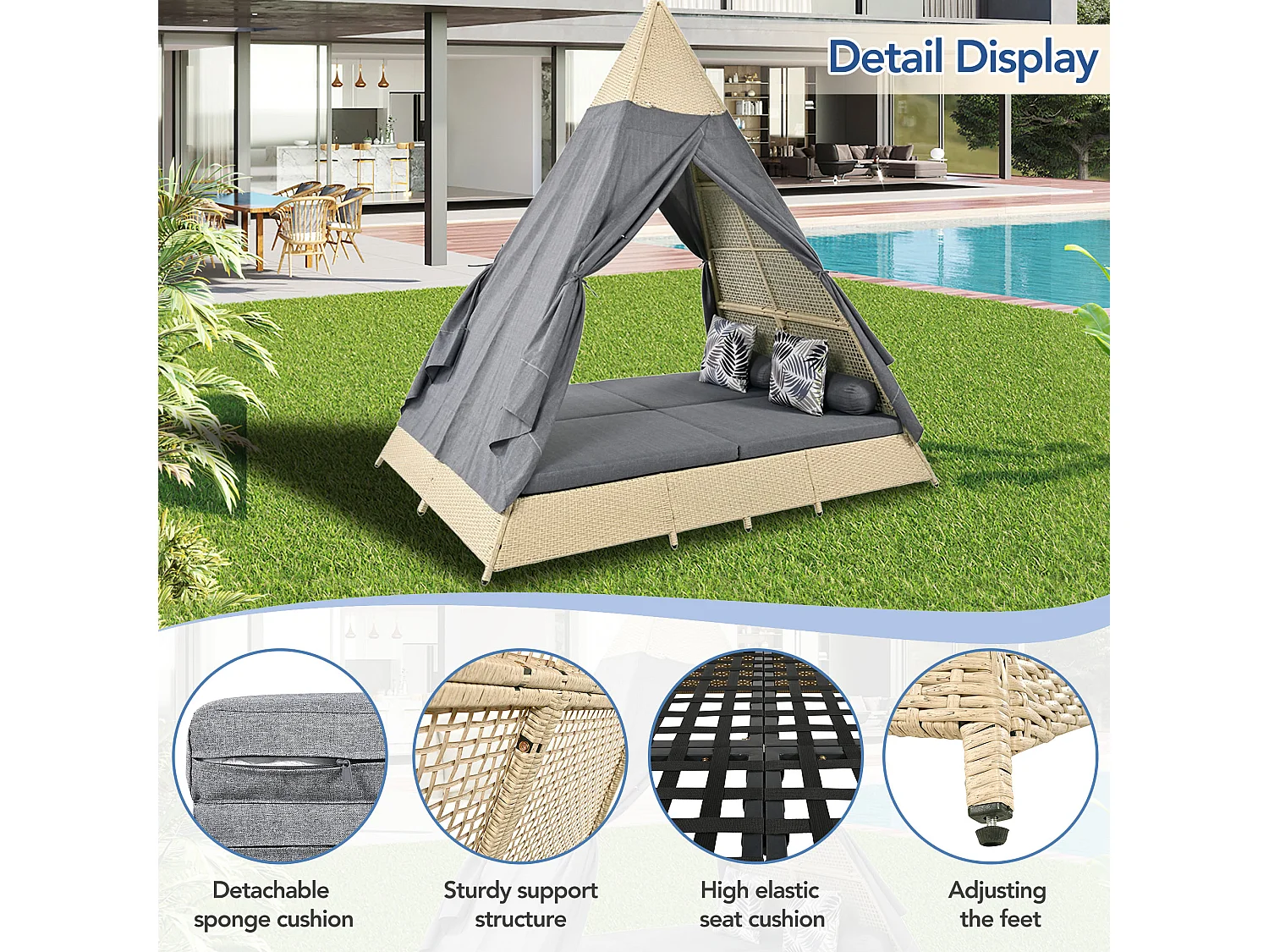 Lit de jardin à baldaquin 2 à 4 places - Rotin beige et rideau de porte gris - Coussins inclus - pour extérieur