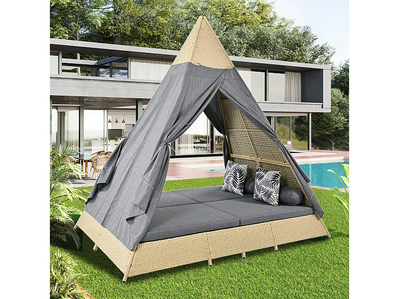 Canteiro de jardim com dossel para 2 a 4 pessoas - Rattan bege e cortina de porta cinza - Almofadas incluídas - para exterior