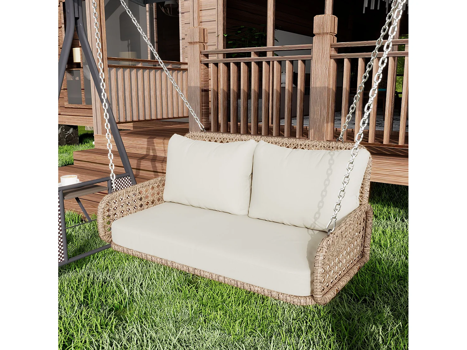 Hangstoel van 240 cm in PE rotan - 2 plaatsen - Inclusief kussens - Beige