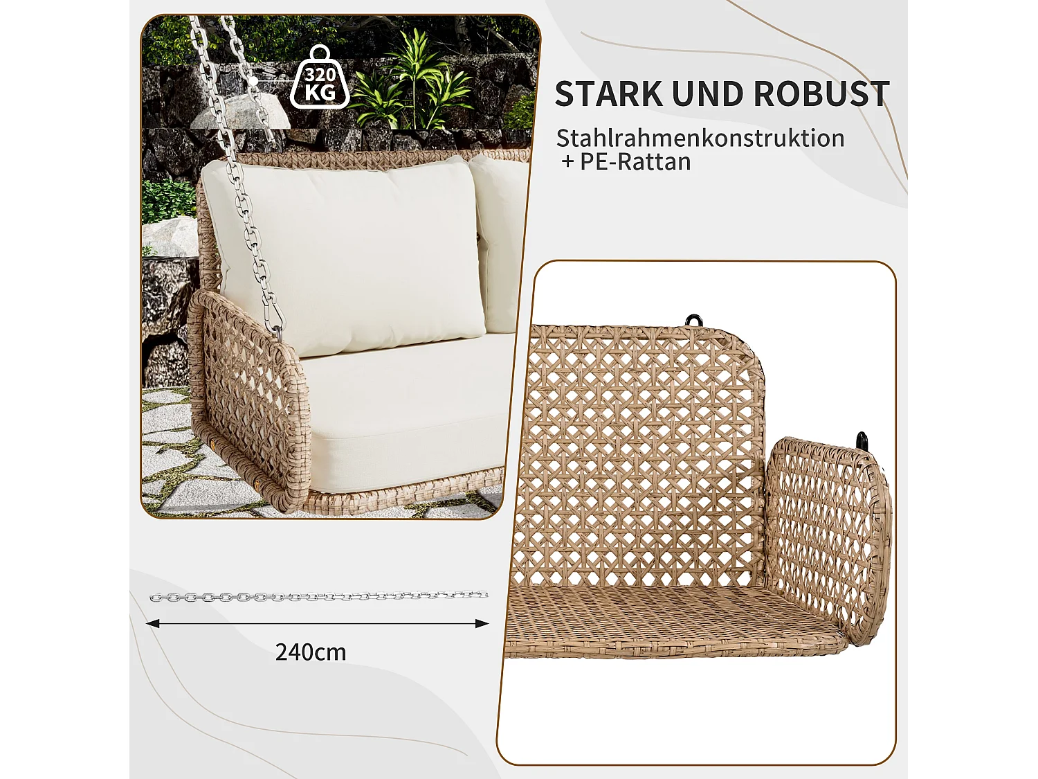 Hangstoel van 240 cm in PE rotan - 2 plaatsen - Inclusief kussens - Beige