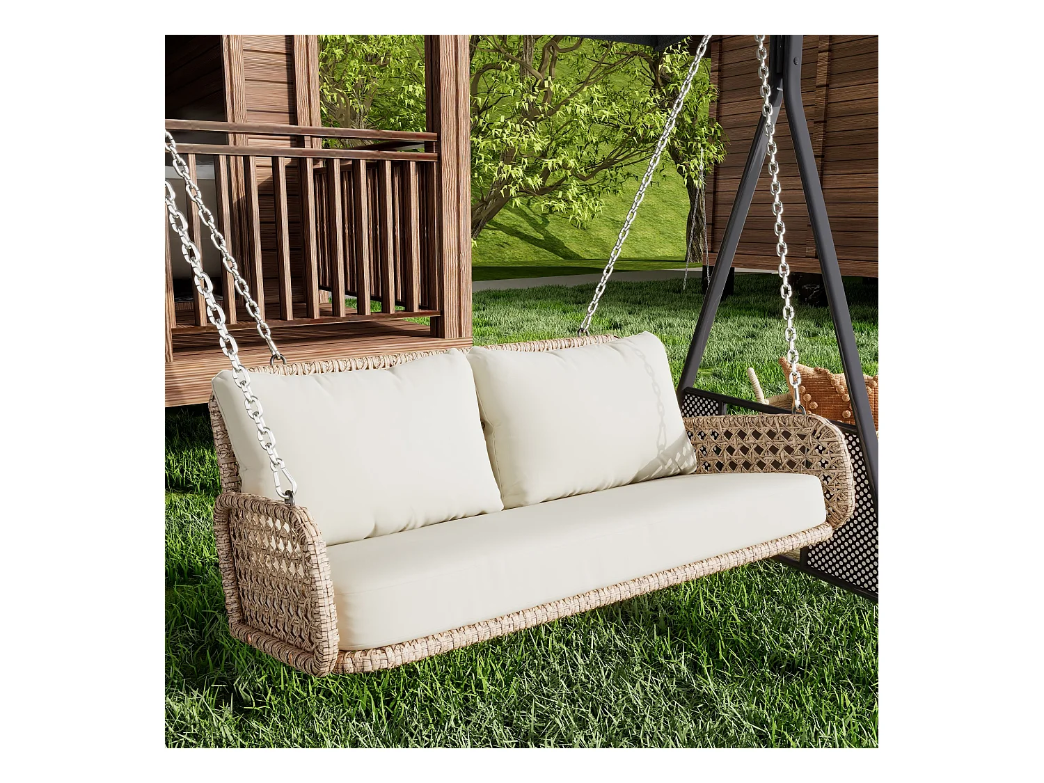 Hangstoel van 240 cm in PE rotan - 2 plaatsen - Inclusief kussens - Beige