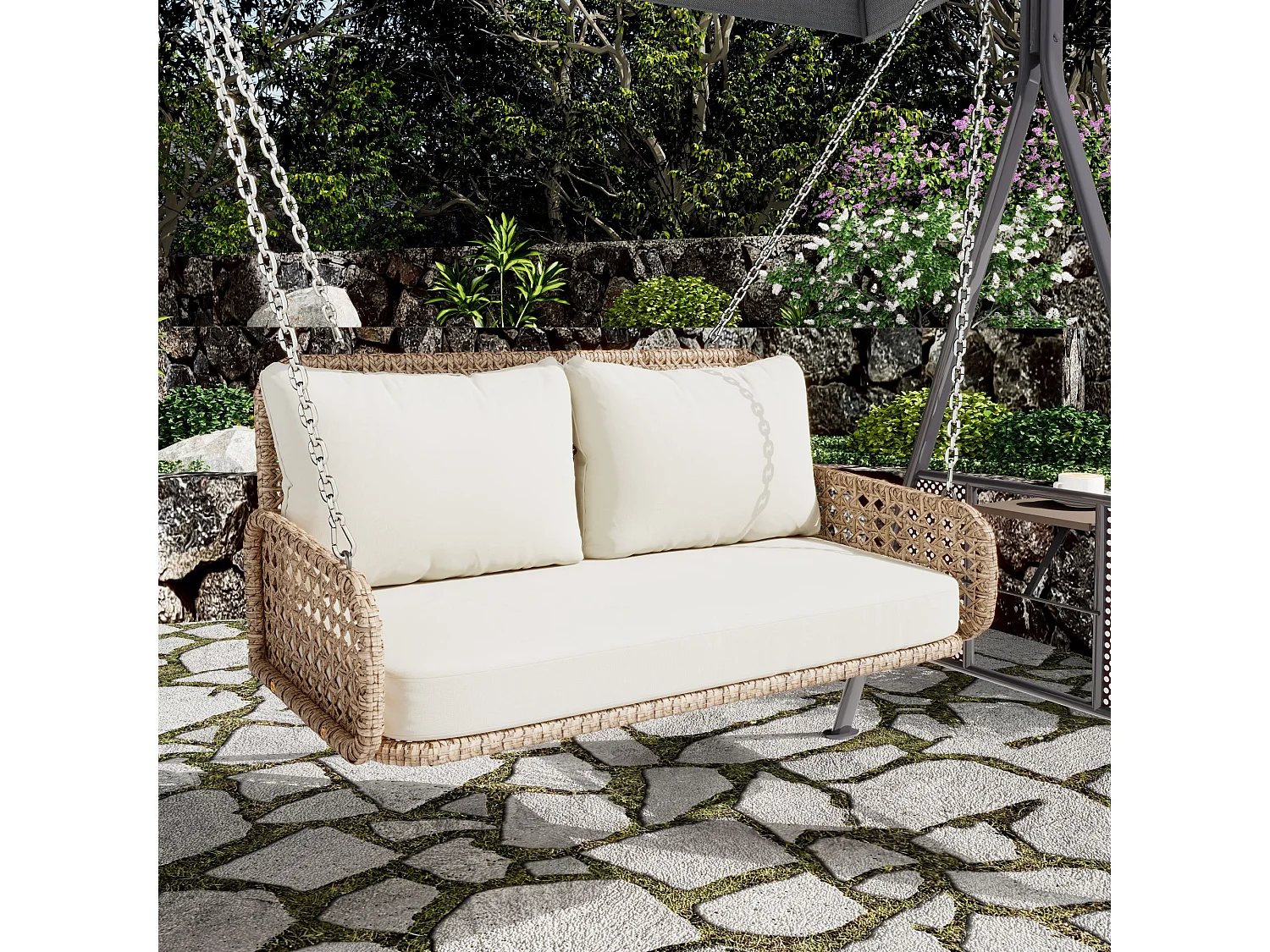 Poltrona sospesa da 240 cm in rattan PE - 2 posti - Cuscini inclusi - Beige