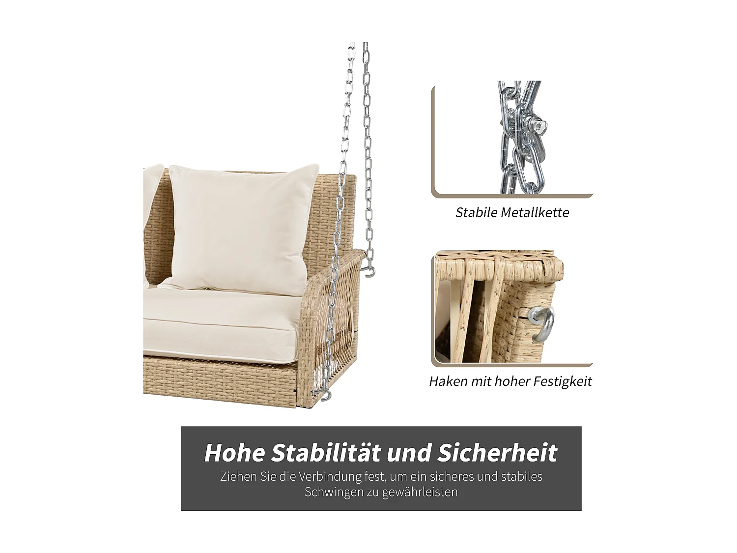 Fauteuil suspendu 114 cm en rotin PE - 2 Places - Coussin d'assise rembourrage 11 cm - Beige