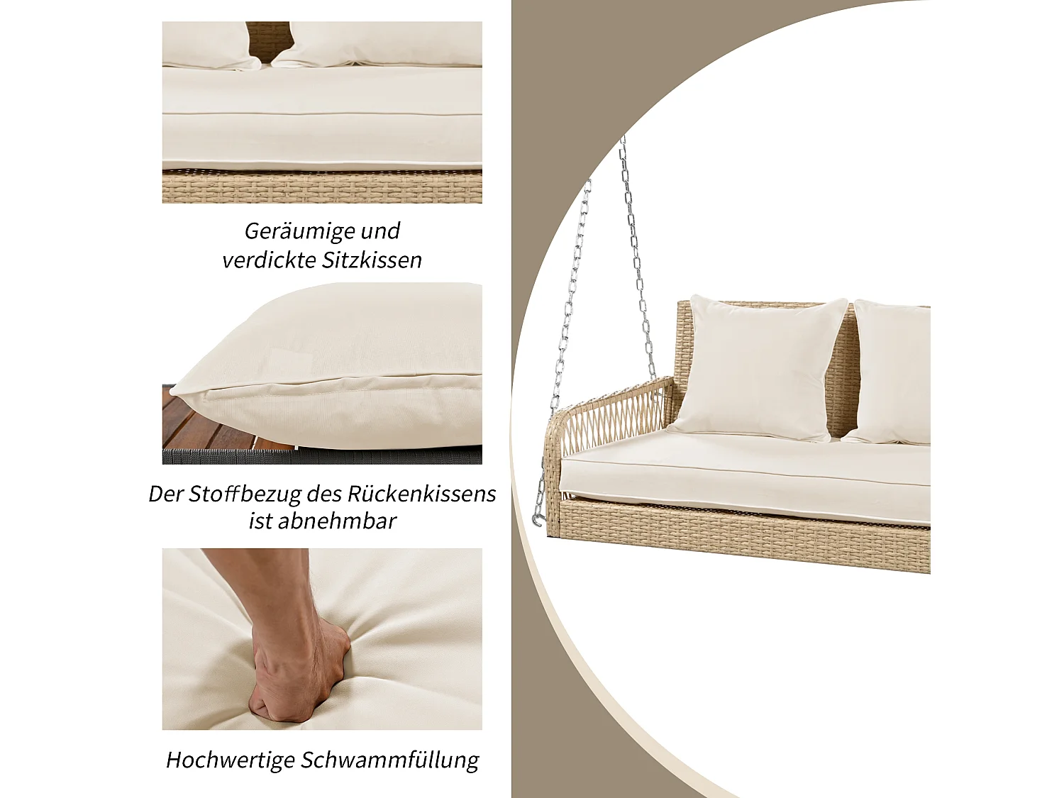 Fauteuil suspendu 114 cm en rotin PE - 2 Places - Coussin d'assise rembourrage 11 cm - Beige