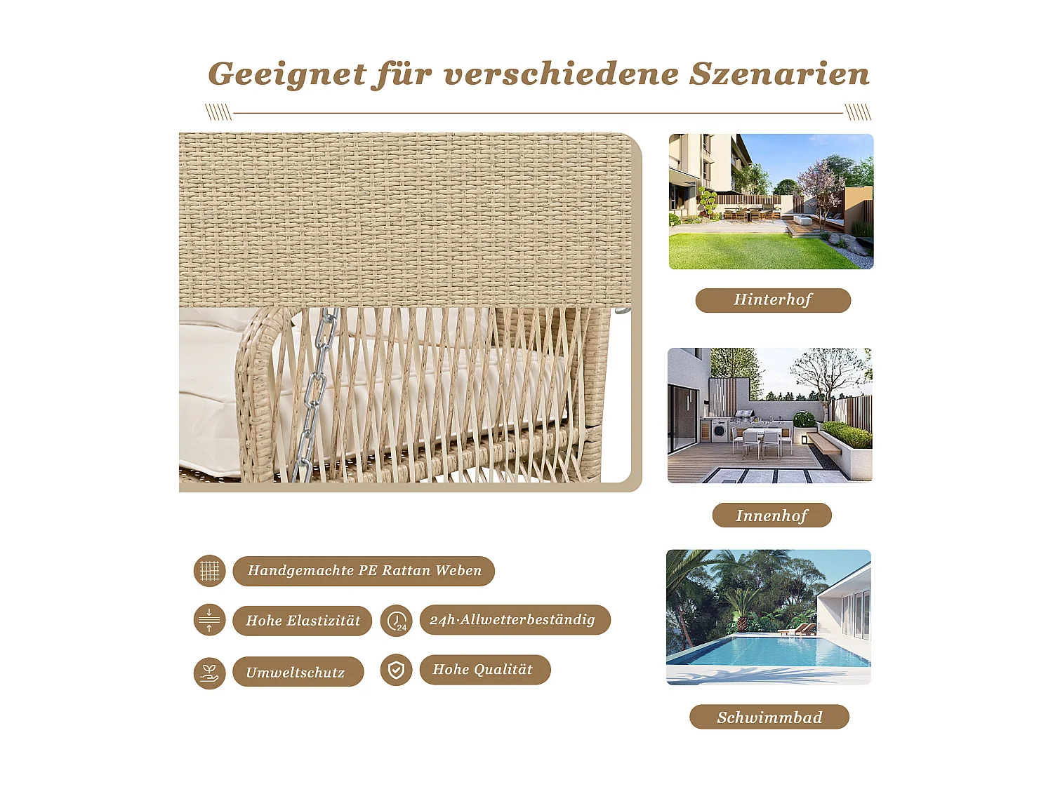 Fauteuil suspendu 114 cm en rotin PE - 2 Places - Coussin d'assise rembourrage 11 cm - Beige