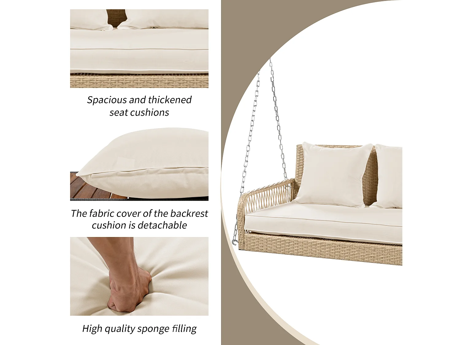 Fauteuil suspendu 114 cm en rotin PE - 2 Places - Coussin d'assise rembourrage 11 cm - Beige