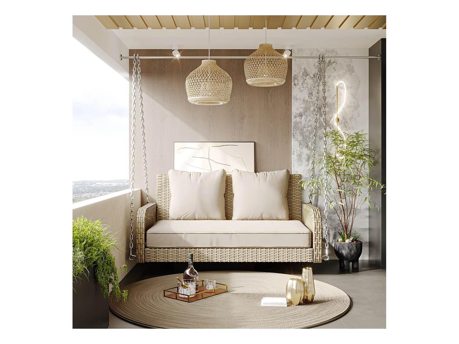 Fauteuil suspendu 114 cm en rotin PE - 2 Places - Coussin d'assise rembourrage 11 cm - Beige