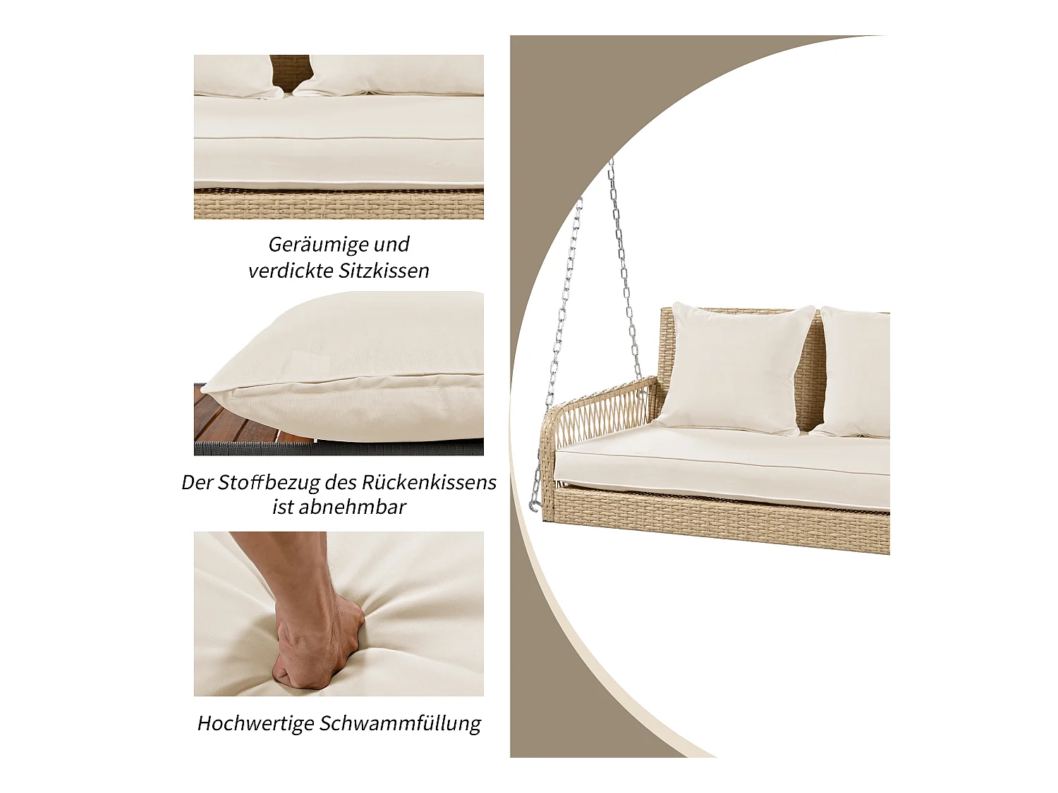 114 cm hangstoel in PE rotan - 2 plaatsen - 11 cm gewatteerd zitkussen - Beige