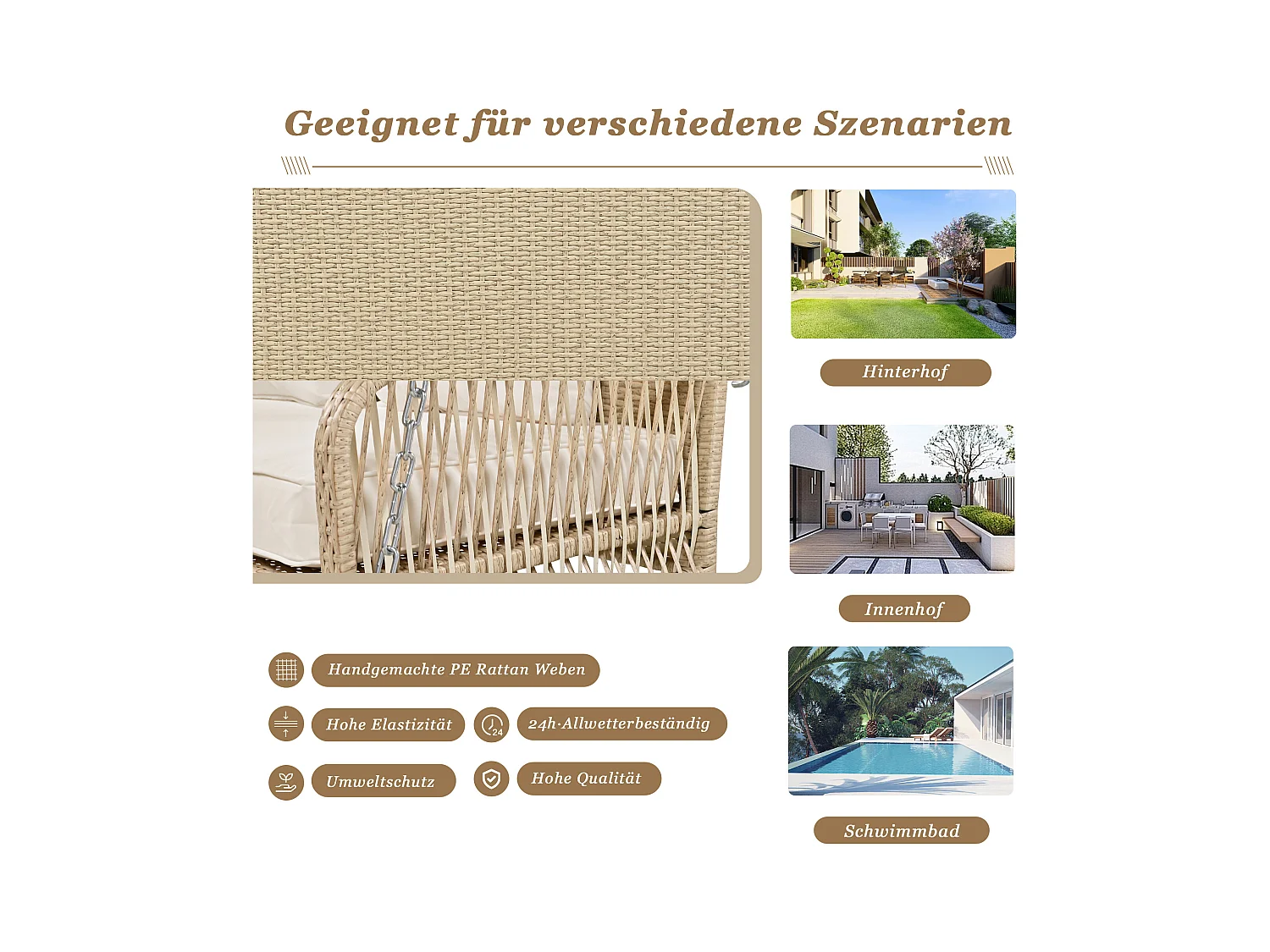 114 cm hangstoel in PE rotan - 2 plaatsen - 11 cm gewatteerd zitkussen - Beige