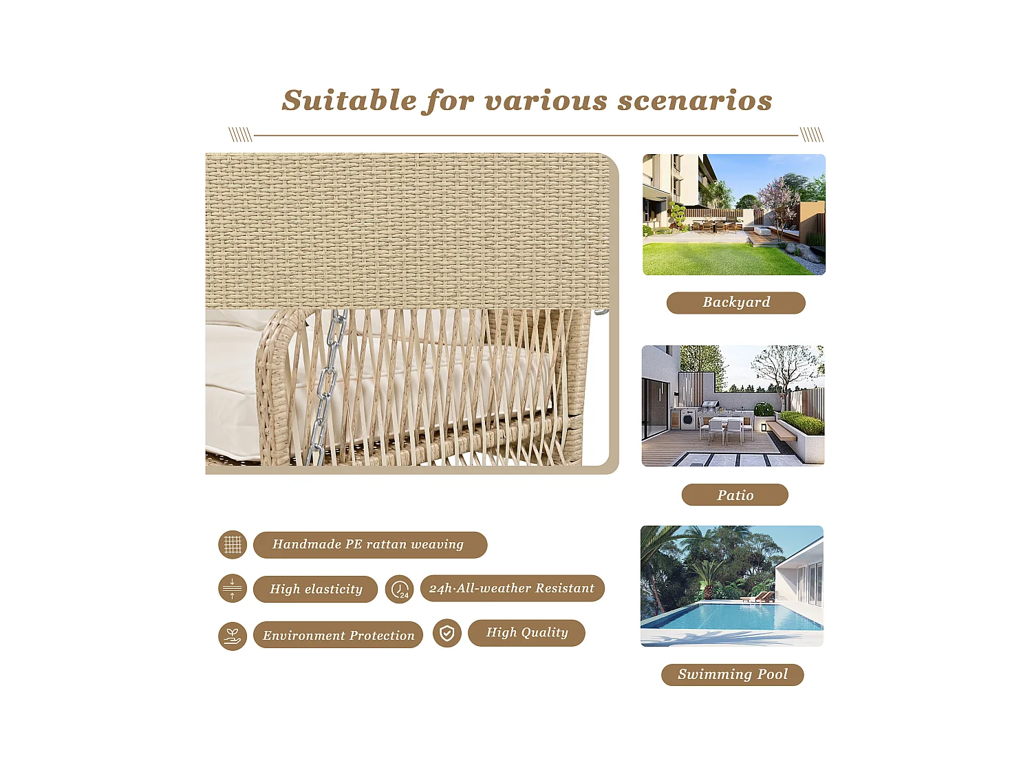 114 cm hangstoel in PE rotan - 2 plaatsen - 11 cm gewatteerd zitkussen - Beige