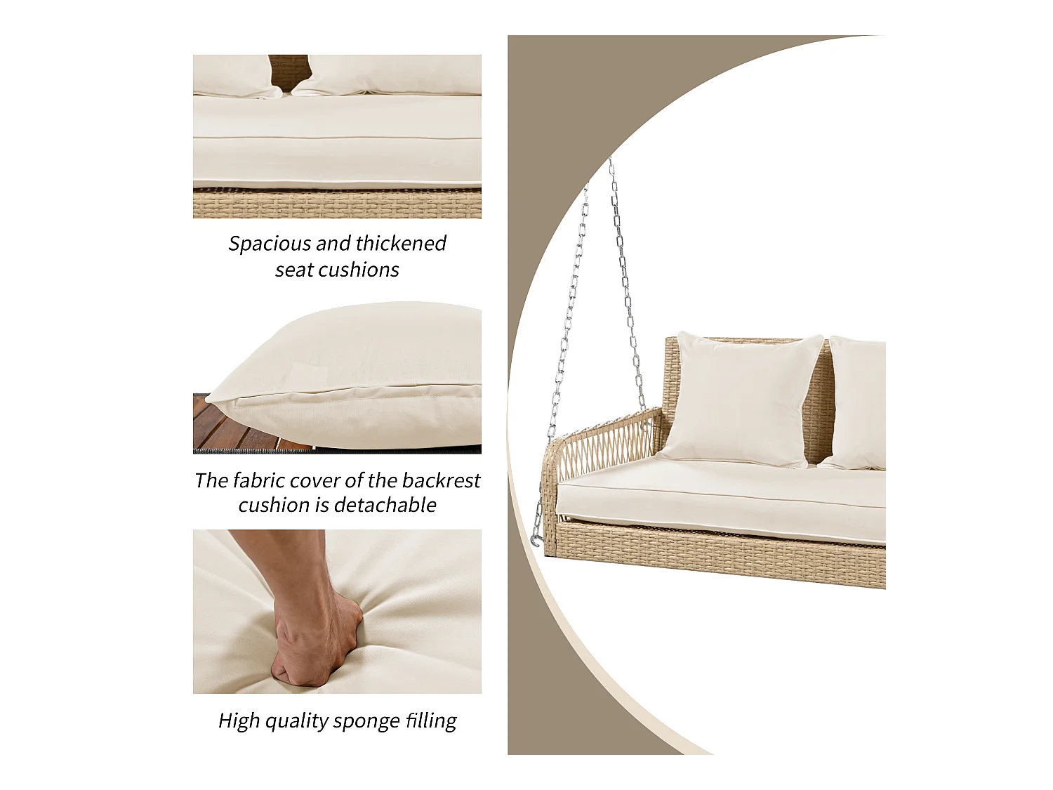114 cm hangstoel in PE rotan - 2 plaatsen - 11 cm gewatteerd zitkussen - Beige