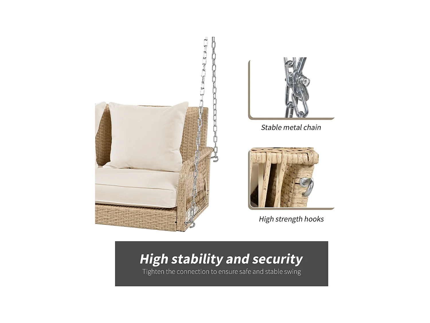 114 cm hangstoel in PE rotan - 2 plaatsen - 11 cm gewatteerd zitkussen - Beige
