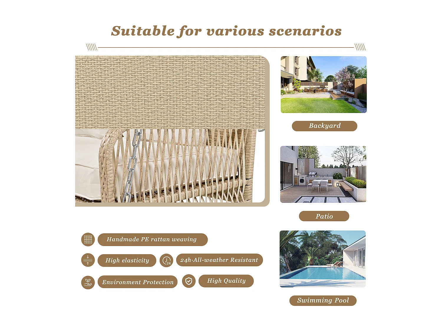 Fauteuil suspendu 114 cm en rotin PE - 2 Places - Coussin d'assise rembourrage 11 cm - Beige