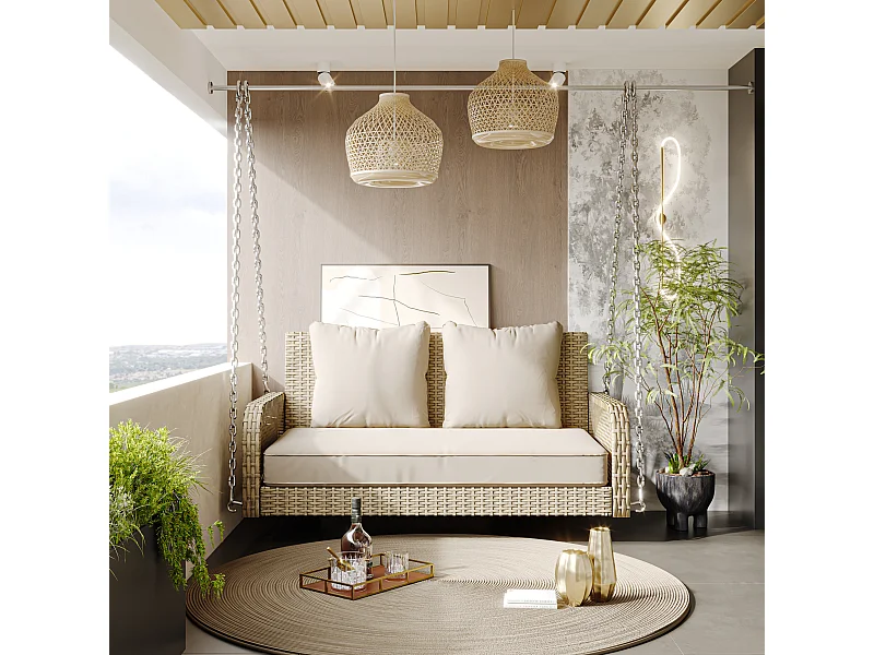 114 cm hangstoel in PE rotan - 2 plaatsen - 11 cm gewatteerd zitkussen - Beige