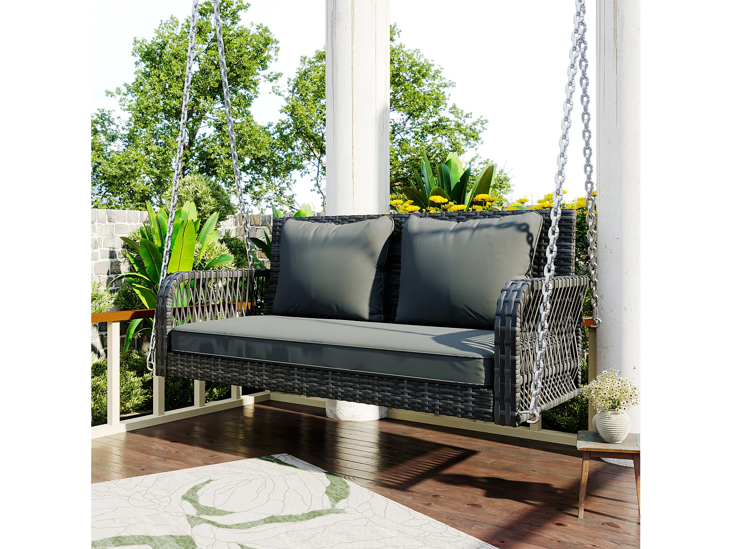 114 cm langer Hängesessel aus PE-Rattan – 2 Plätze – 11 cm gepolstertes Sitzkissen – Grau