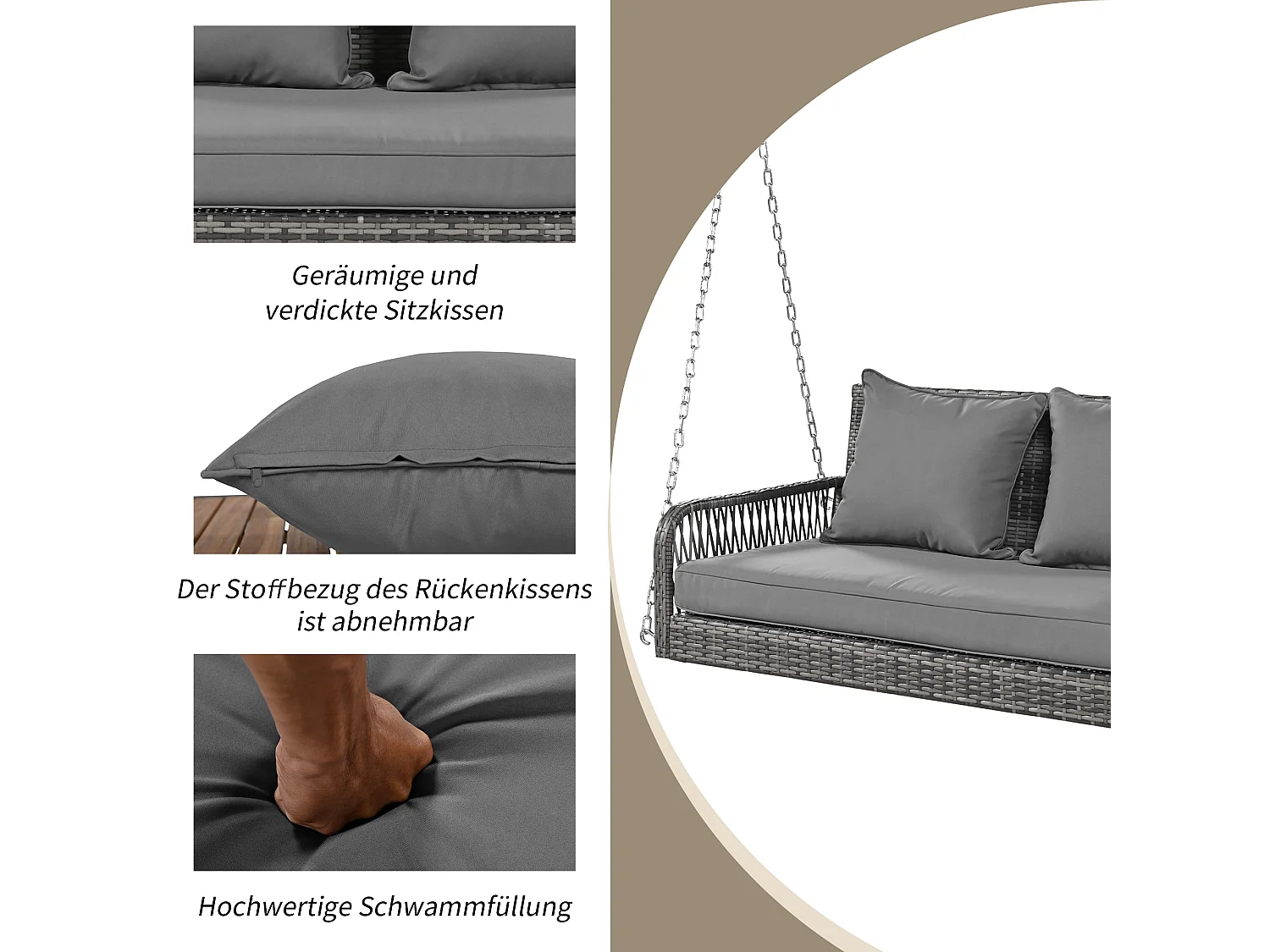 114 cm langer Hängesessel aus PE-Rattan – 2 Plätze – 11 cm gepolstertes Sitzkissen – Grau