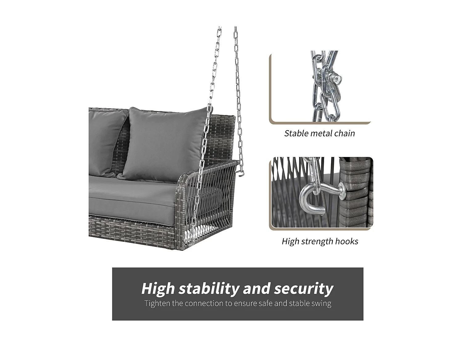114 cm langer Hängesessel aus PE-Rattan – 2 Plätze – 11 cm gepolstertes Sitzkissen – Grau