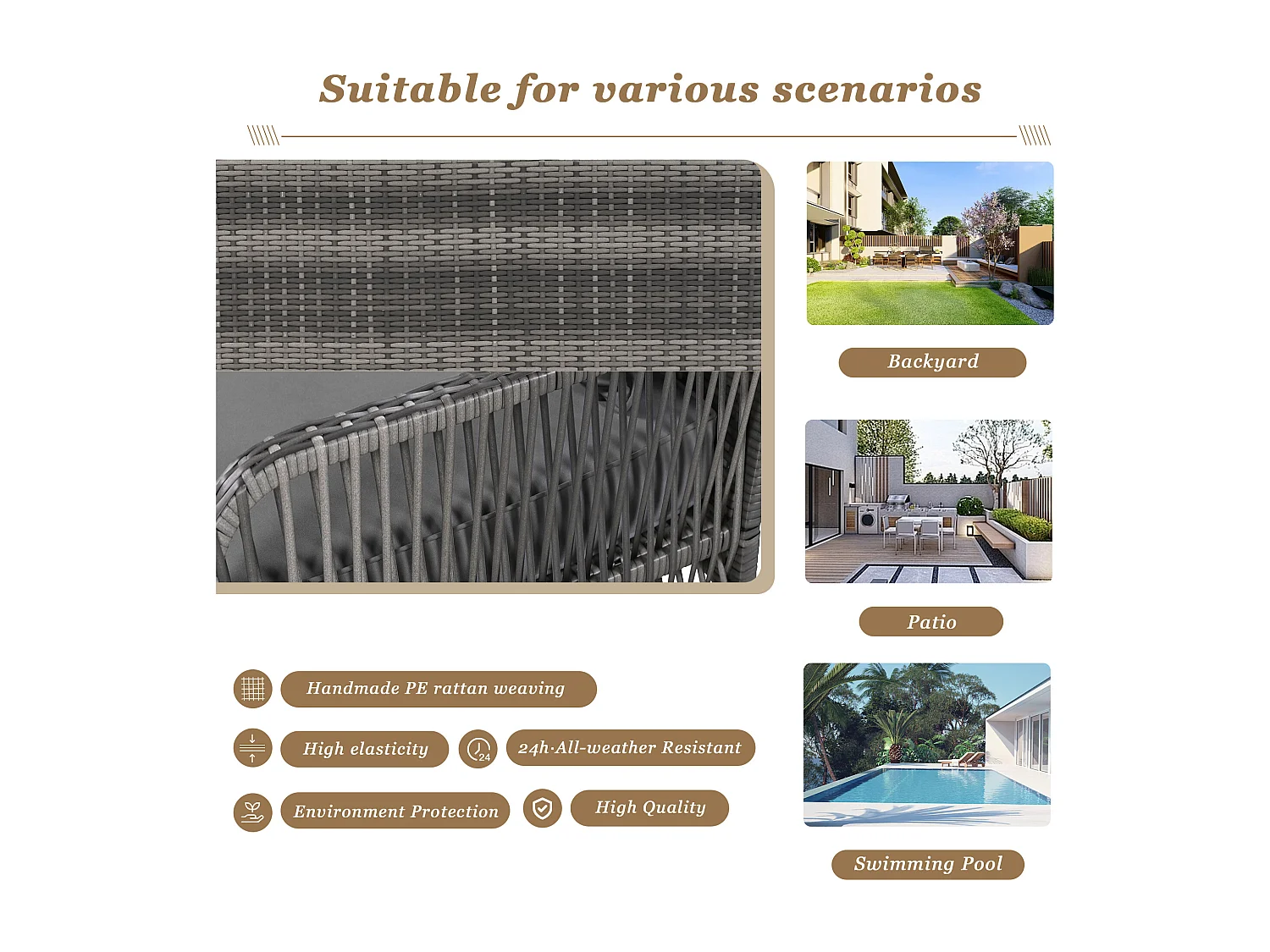 114 cm langer Hängesessel aus PE-Rattan – 2 Plätze – 11 cm gepolstertes Sitzkissen – Grau