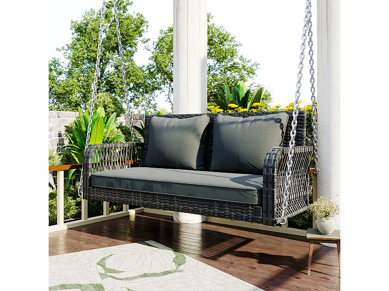 114 cm langer Hängesessel aus PE-Rattan – 2 Plätze – 11 cm gepolstertes Sitzkissen – Grau