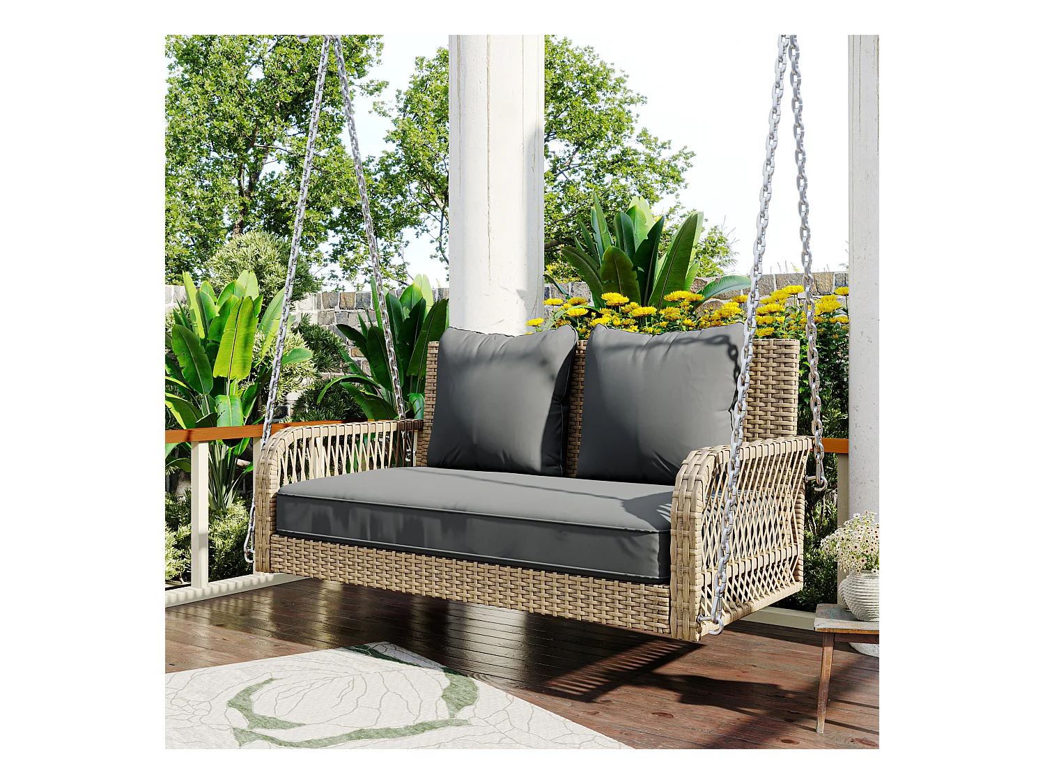 Fauteuil suspendu 114 cm en rotin PE - 2 Places - Coussin d'assise rembourrage 11 cm - Beige + gris