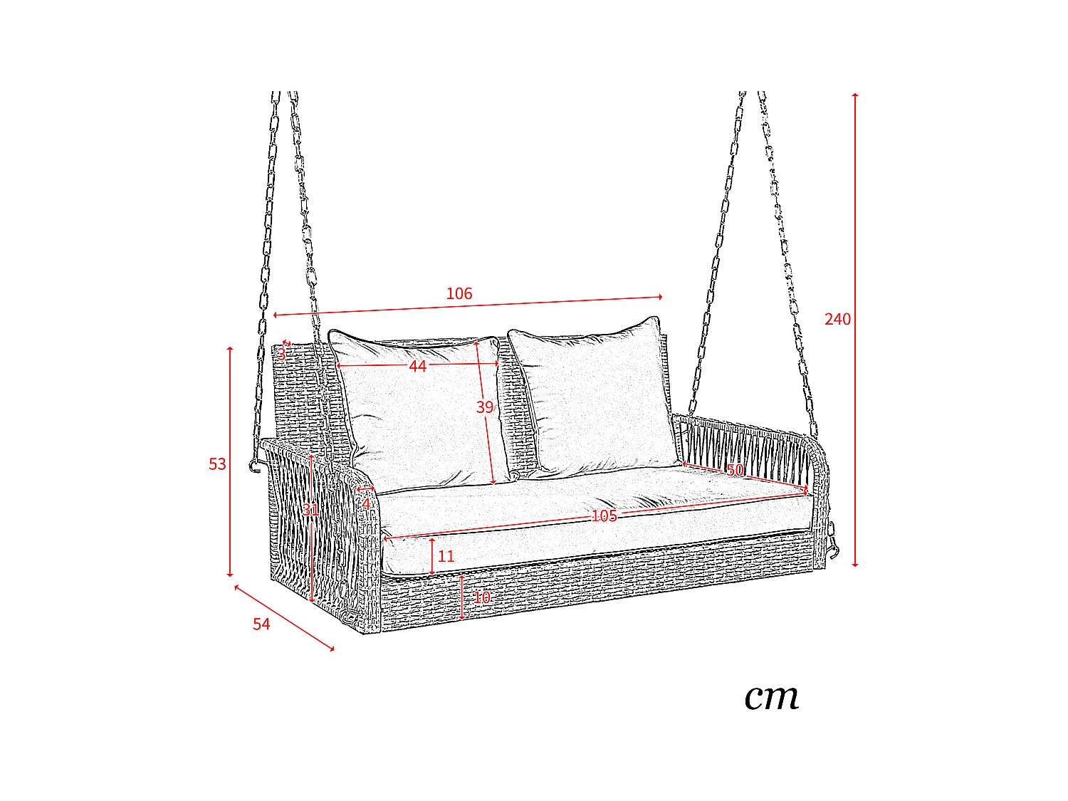 114 cm hangstoel in PE rotan - 2 plaatsen - 11 cm gecapitonneerd zitkussen - Beige + grijs