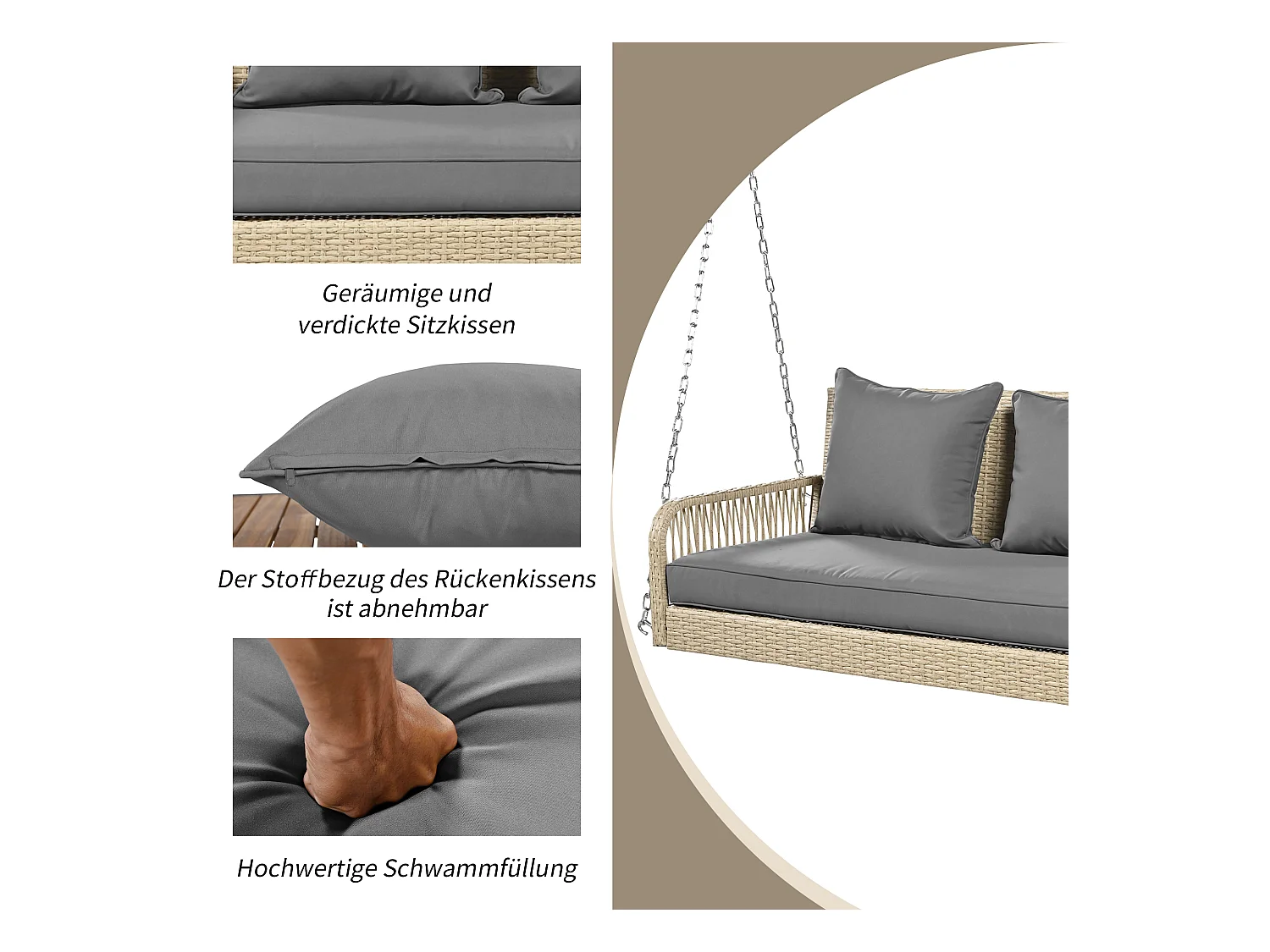 114 cm hangstoel in PE rotan - 2 plaatsen - 11 cm gecapitonneerd zitkussen - Beige + grijs