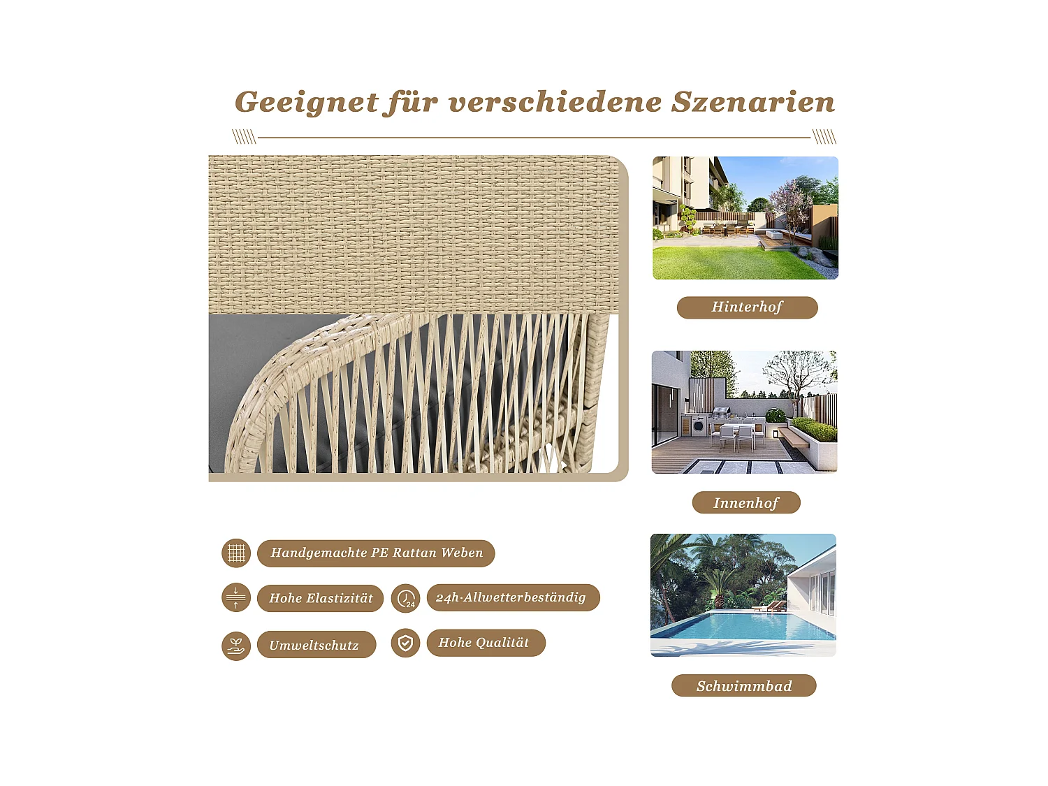 114 cm hangstoel in PE rotan - 2 plaatsen - 11 cm gecapitonneerd zitkussen - Beige + grijs