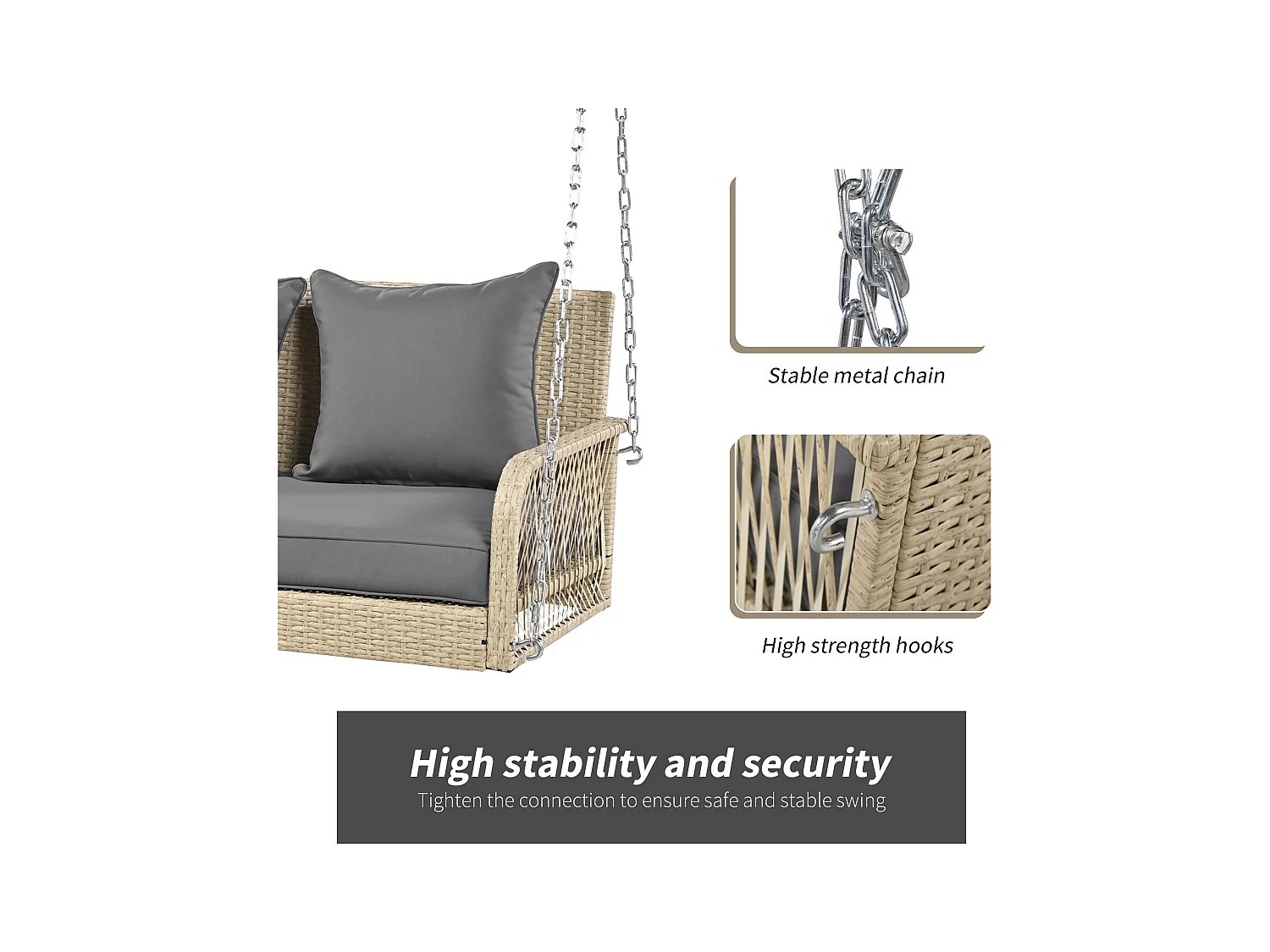 114 cm hangstoel in PE rotan - 2 plaatsen - 11 cm gecapitonneerd zitkussen - Beige + grijs