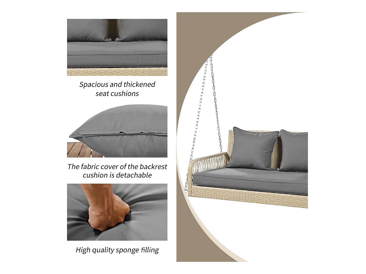 114 cm hangstoel in PE rotan - 2 plaatsen - 11 cm gecapitonneerd zitkussen - Beige + grijs