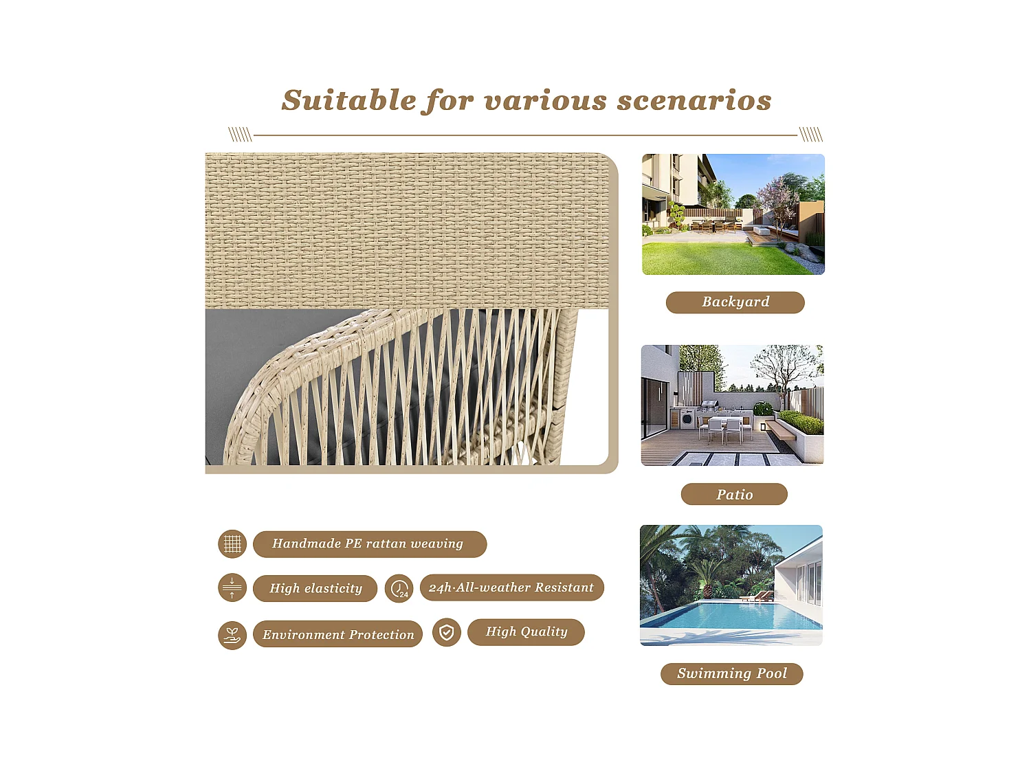 114 cm hangstoel in PE rotan - 2 plaatsen - 11 cm gecapitonneerd zitkussen - Beige + grijs