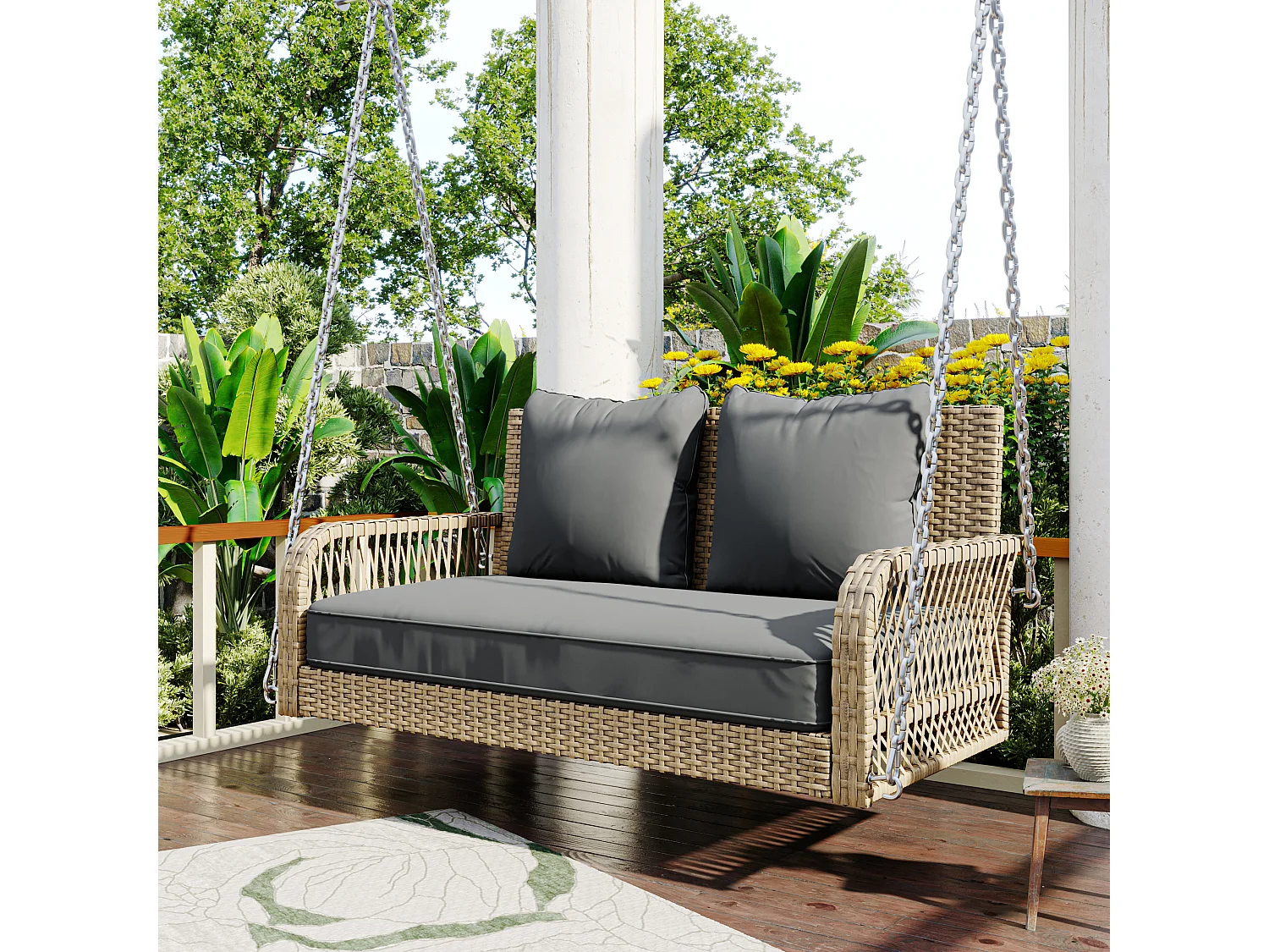 Fauteuil suspendu 114 cm en rotin PE - 2 Places - Coussin d'assise rembourrage 11 cm - Beige + gris