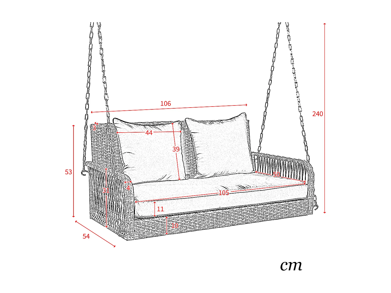 Fauteuil suspendu 114 cm en rotin PE - 2 Places - Coussin d'assise rembourrage 11 cm - Beige + gris